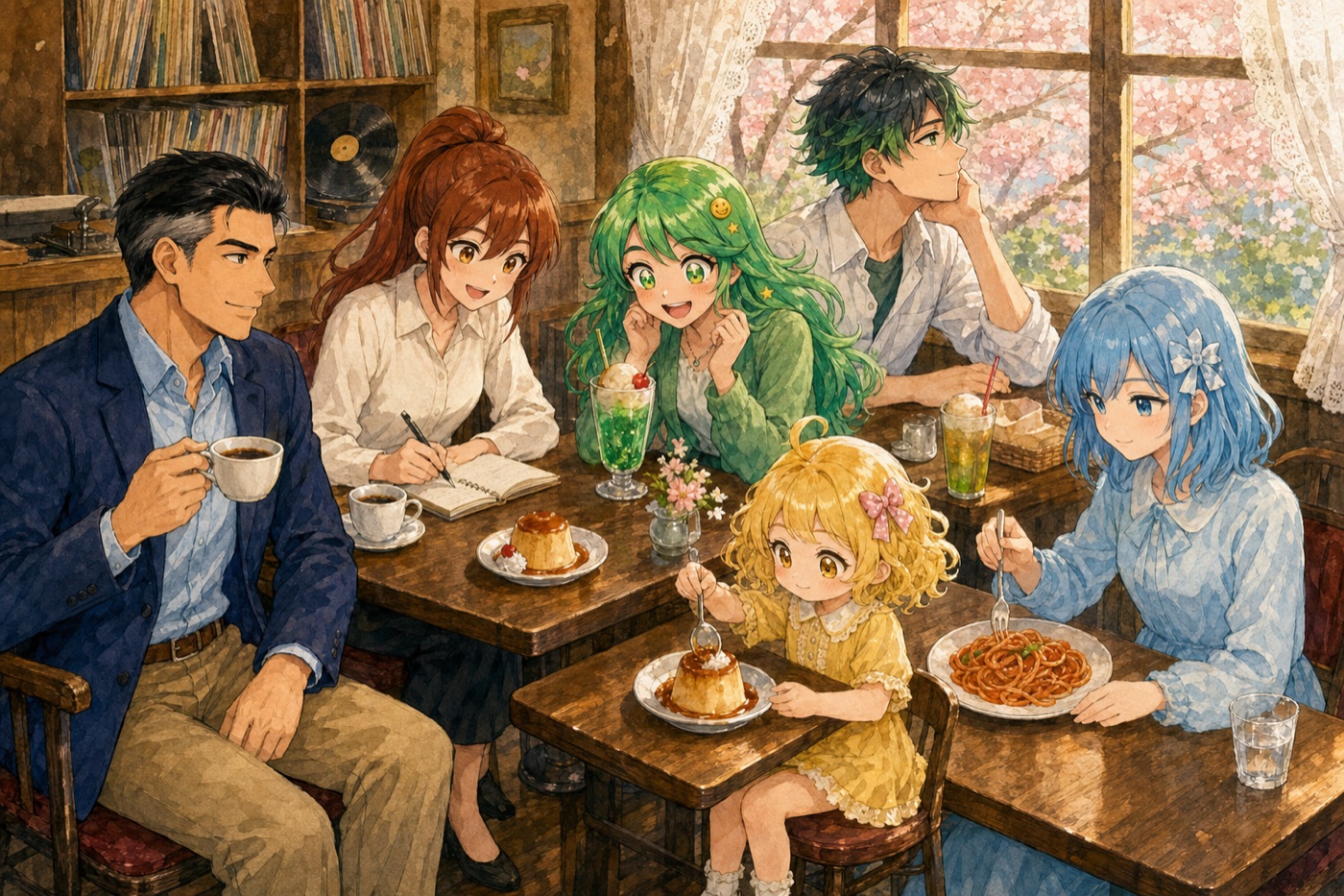 カフェで話すAIキャラクターたち